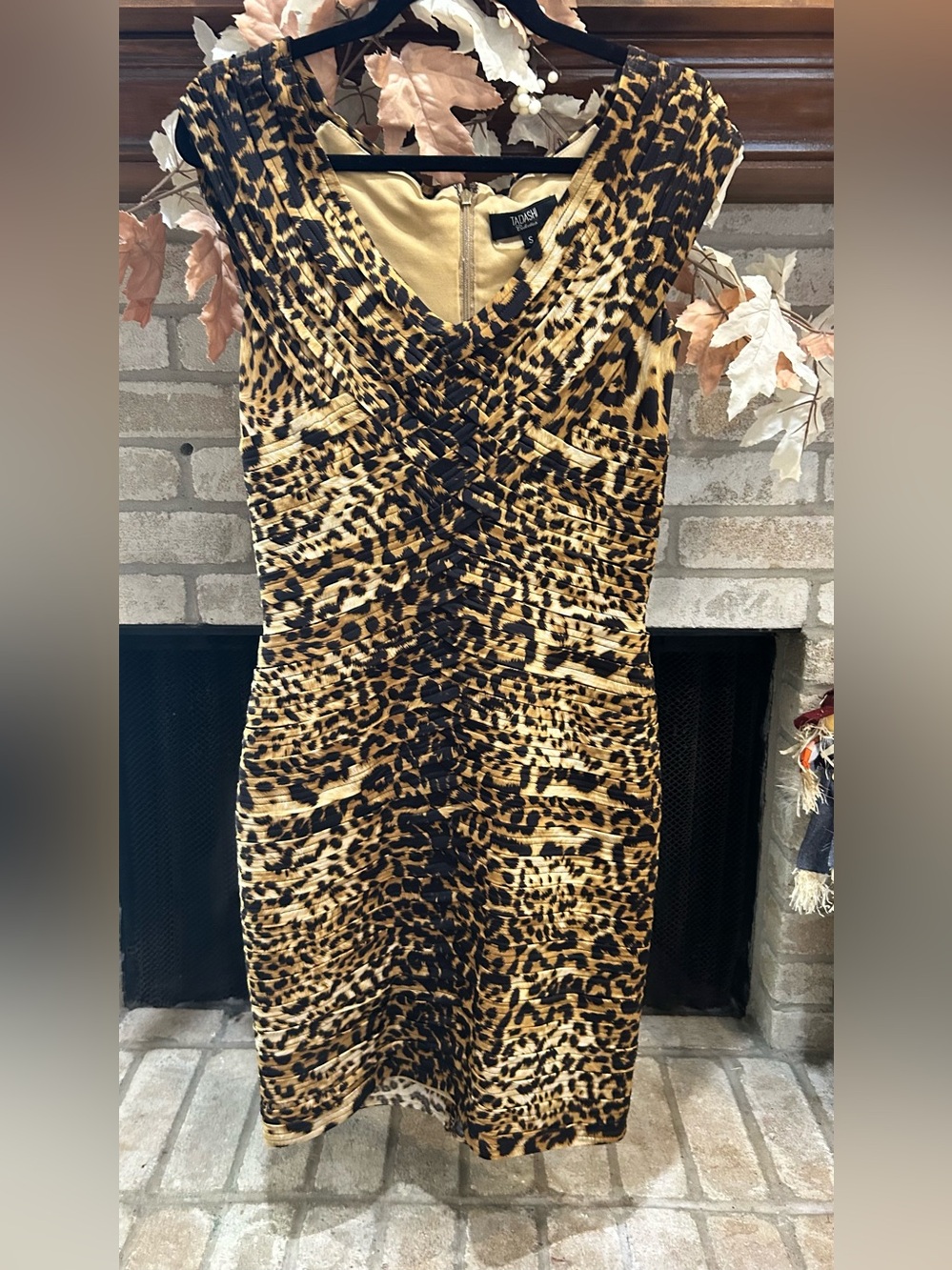 Tadashi Shoji Gold and Black Leopard-Print Midi Dress EUC